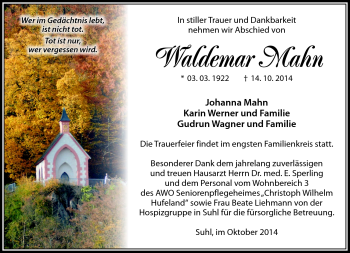 Traueranzeige von Waldemar Mahn von Südthüringer Presse