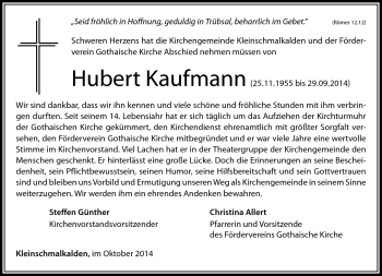 Traueranzeige von Hubert Kaufmann von Südthüringer Presse