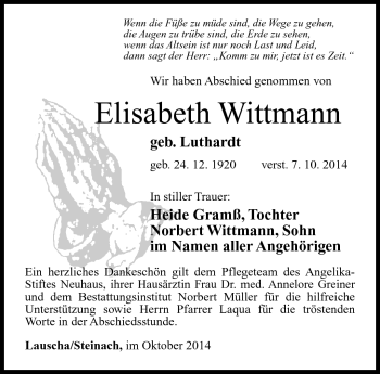 Traueranzeige von Elisabeth Wittmann von Südthüringer Presse