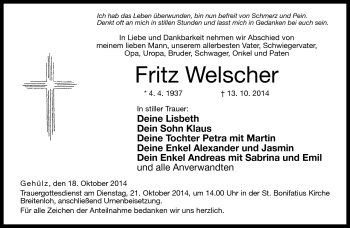 Traueranzeige von Fritz Welscher von Neue Presse Coburg