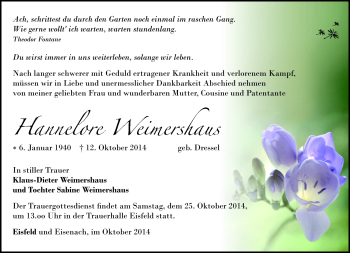 Traueranzeige von hannelore Weimershaus von Südthüringer Presse