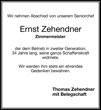 Traueranzeige von Ernst Zehendner von Frankenpost