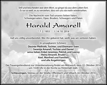 Traueranzeige von Harald Amarell von Südthüringer Presse
