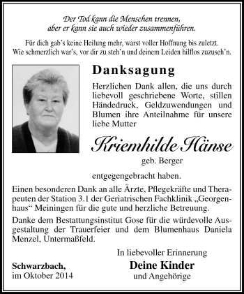 Traueranzeige von Kriemhilde Hänse von Südthüringer Presse