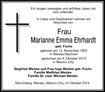 Traueranzeige von Marianne Emma Ehrhardt von Frankenpost