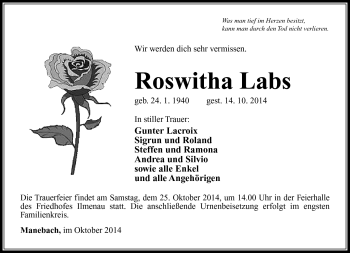 Traueranzeige von Roswitha Labs von Südthüringer Presse