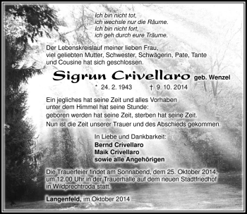 Traueranzeige von Sigrun Crivellaro von Südthüringer Presse