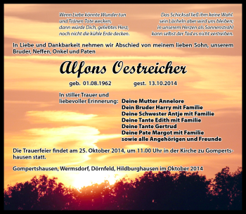 Traueranzeige von Alfons Oestreicher von Südthüringer Presse