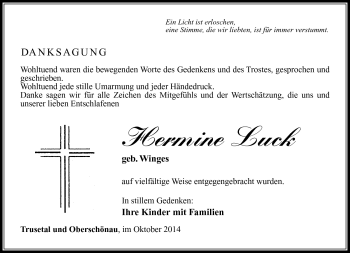 Traueranzeige von Hermine Luck von Südthüringer Presse