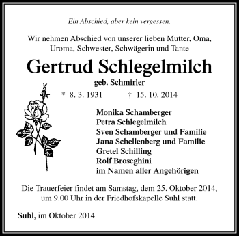 Traueranzeige von gerdrud Schlegelmilch von Südthüringer Presse