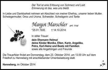 Traueranzeige von Margot Marschler von Südthüringer Presse
