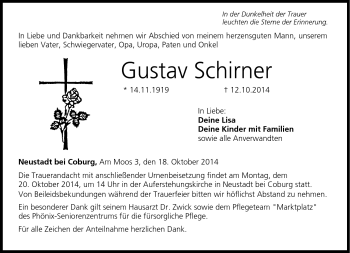 Traueranzeige von Gustav Schirner von Neue Presse Coburg