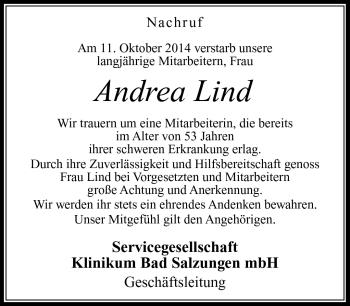 Traueranzeige von Andrea Lind von Südthüringer Presse