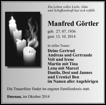Traueranzeige von Manfred Görtler von Südthüringer Presse