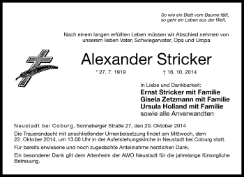 Traueranzeige von Alexander Stricker von Neue Presse Coburg