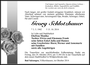 Traueranzeige von Georg Schlotzhauer von Südthüringer Presse
