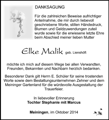 Traueranzeige von Elke Malik von Südthüringer Presse