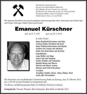 Traueranzeige von Emanuel Kürschner von Südthüringer Presse