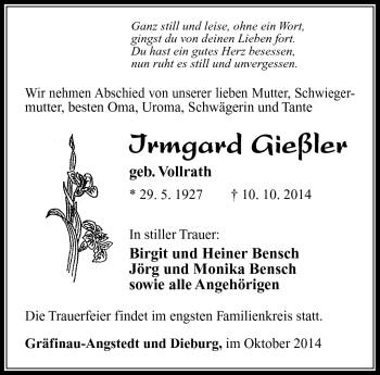 Traueranzeige von Irmgard Gießler von Südthüringer Presse