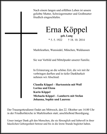 Traueranzeige von Erna Köppel von Frankenpost