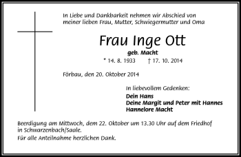 Traueranzeige von Inge Ott von Frankenpost
