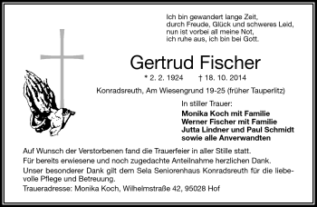 Traueranzeige von Gertrud Fischer von Frankenpost