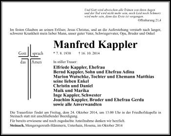 Traueranzeige von Manfred Kappler von Südthüringer Presse