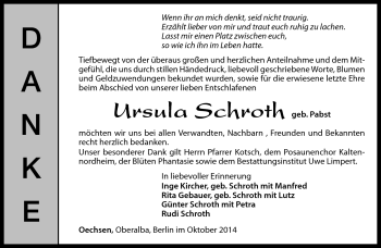 Traueranzeige von Ursula Schroth von Südthüringer Presse