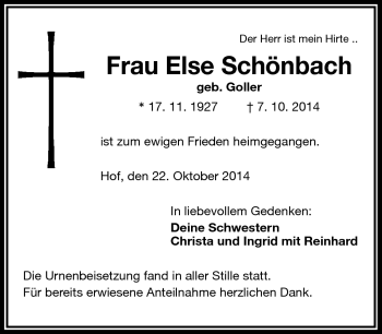 Traueranzeige von Else Schönbach von Frankenpost
