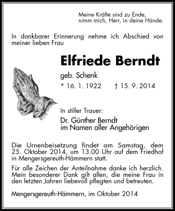 Traueranzeige von Elfriede Berndt von Südthüringer Presse