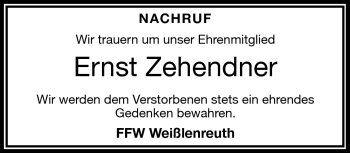Traueranzeige von Ernst Zehendner von Frankenpost