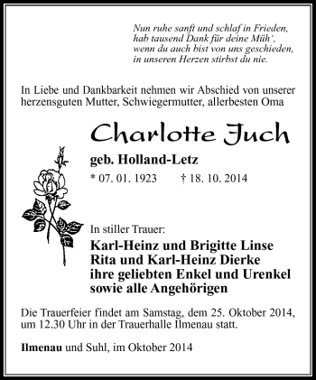 Traueranzeige von Charlotte Juch von Südthüringer Presse