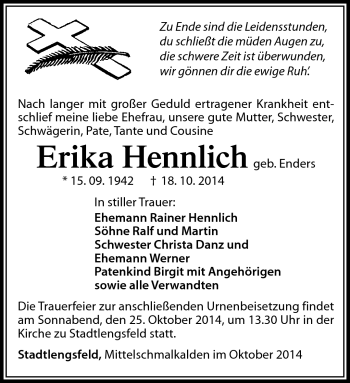 Traueranzeige von Erika Hennlich von Südthüringer Presse
