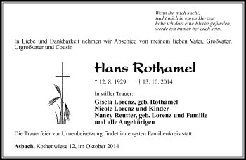 Traueranzeige von Hans Rothamel von Südthüringer Presse