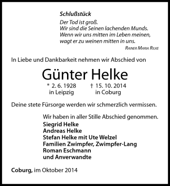 Traueranzeige von Günter Helke von Neue Presse Coburg