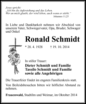 Traueranzeige von Ronald Schmidt von Südthüringer Presse