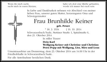Traueranzeige von Brunhilde Keiner von Frankenpost