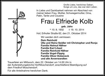 Traueranzeige von Elfriede Kolb von Frankenpost