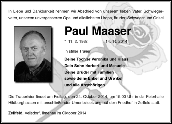Traueranzeige von Paul Maaser von Südthüringer Presse