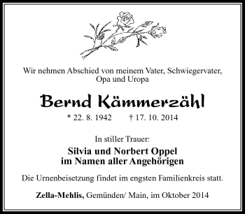 Traueranzeige von Bernd Kämmerzähl von Südthüringer Presse