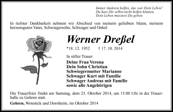 Traueranzeige von Werner Dreßel von Südthüringer Presse