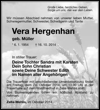 Traueranzeige von Vera Hergenhan von Südthüringer Presse