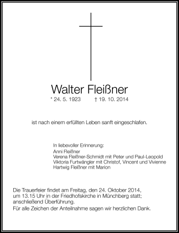 Traueranzeige von Walter Fleißner von Frankenpost
