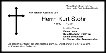 Traueranzeige von Kurt Stöhr von Frankenpost
