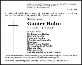Traueranzeige von Günter Huhn von Südthüringer Presse