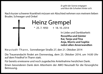 Traueranzeige von Heinz Grempel von Neue Presse Coburg