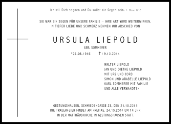 Traueranzeige von Ursula Liepold von Neue Presse Coburg