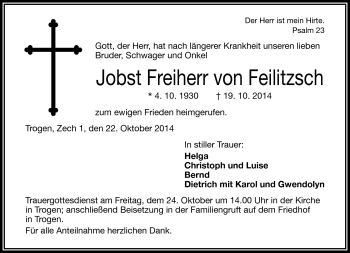Traueranzeige von Jobst Freiherr von Feilitzsch von Frankenpost