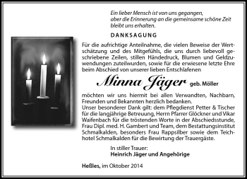 Traueranzeige von Minna Jäger von Südthüringer Presse