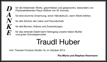 Traueranzeige von Traudl Huber von Frankenpost